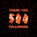 Thank you 500 followers, thanks banner. Follower congratulation card with polygonal numbers and neural network background for