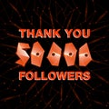 Thank you 50000 followers, thanks banner. Follower congratulation card with polygonal numbers and neural network background for
