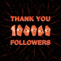 Thank you 100000 followers, thanks banner. Follower congratulation card with polygonal numbers and neural network background for