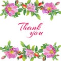 Thank you.Frame with Rose Hip.Greeting card of watercolor wild flowers Royalty Free Stock Photo