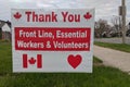 Thank you front line, essential workers & volunteers sign in front of a house during corona virus pandemic outbreak