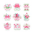 Thank You, Good Day, Welcome logo design set, card, banner, invitation with lettering, colorful label with floral