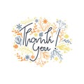 Thank you greeting card with doodle flower silhouette. Hand drawn postcard with slogan thank you and simple plants art.