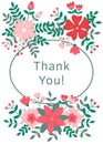 Thank you greeting card with floral ornament n red and green colors on white background Royalty Free Stock Photo