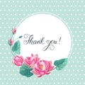 Thank you, hand lettering with pink lotus flowers and frame