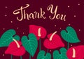 Thank you hand written lettering text floral greeting card with anthurium flowers Royalty Free Stock Photo