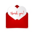Thank you handwritten calligraphic text message in open red envelope with paper heart isolated on white, vector illustration Royalty Free Stock Photo