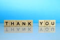 Thank you inscription made of wooden blocks on a blue background