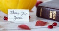 Thank You Jesus handwritten note with Holy Bible Book