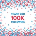 Thank you 100k followers background with falling likes and thumbs up icon. Social media concept. Achievement poster. Celebrate new