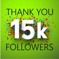 Thank you, 15k followers. Card with colorful confetti.
