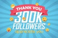 Thank you 300k followers congratulation background with emoticon. Vector illustration