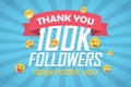 Thank you 100k followers congratulation background with emoticon. Vector illustration