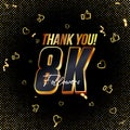 Thank you 8K followers 3d Gold and Black Font and confetti. Vector illustration 3d numbers for social media 8000 followers.