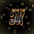 Thank you 3K followers 3d Gold and Black Font and confetti. Vector illustration 3d numbers for social media 3000 followers.