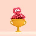 Thank you 15k social media followers celebration trophy. 3D render Royalty Free Stock Photo