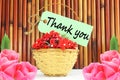 Thank you letter tag or label with flower and bamboo basket