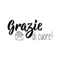 Thank you lettering card. Translation from Italian - Thank you very much. Grazie di cuore