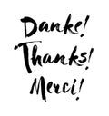 Thank you lettering in english, french, german Thanks, Merci, Danke Hand drawn vector phrase. Handwritten modern brush Royalty Free Stock Photo