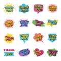 Thank you lettering. Handwriting text decorative ads messages badges set collection recent vector words templates