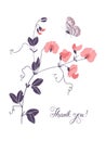 Thank you, lettering. Vertical greeting card with grass mouse peas with flowers and butterfly