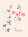 Thank you, lettering. Vertical greeting card with grass mouse peas with flowers and butterfly