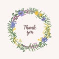 Thank You lettering written with cursive font inside round floral decorative frame or wreath consisted of wild blooming