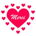 Thank you or merci in french. Pink heart and hearts cloud. Illustration.