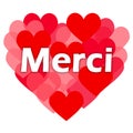 Thank you or merci in french. Pink heart and hearts cloud. Illustration.