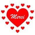 Thank you or merci in french. Red heart and hearts cloud. Illustration.