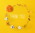 Thank you message with autumn leaves and orange pumpkin Royalty Free Stock Photo