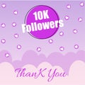 Thank you message card design with 10K followers and social networking favourite sign.