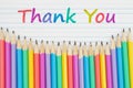 Thank You message with color pencils on vintage ruled line notebook paper