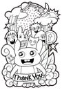 Hand-drawn doodles, coloring books, black and white lines, fun of cute monsters and friends, illustrations