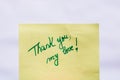 Thank you my love handwriting text close up isolated on yellow paper with copy space