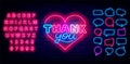 Thank you neon lettering signboard. Shiny pink alphabet. Speech bubbles frames set. Heart frame. Vector illustration