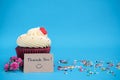 Thank you note with cupcake and pink bouquet rose flower