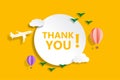 Thank you papercut sky landscape banner with hot air balloon could and birds for business, marketing, flyers, banners, Royalty Free Stock Photo