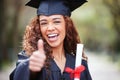 Thank you, portrait of female student with thumbs up and graduation day at college campus outdoors with certificate