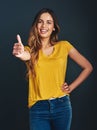 Thank you, portrait and a woman with a thumbs up for success, agreement and yes sign. Smile, like and a lady with a hand