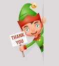 Thank you poster look out corner boy cute elf christmas santa claus helper cartoon character vector illustration Royalty Free Stock Photo