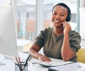 Thank you for reaching out to us. a woman wearing a headset while working in a call centre. Royalty Free Stock Photo