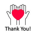 Thank You red heart on hand icon, volunteer and donation, charity logo, human hands are holding heart symbols - vector Royalty Free Stock Photo
