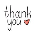 Thank you - simple hand drawn vector lettering note card in black ink with red heart isolated on white background. Thankful social Royalty Free Stock Photo