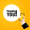 Thank you. Smartphone with a bubble text. Poster with text Thank you. Comic retro style. Phone app speech bubble. Vector EPS 10.