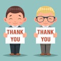 Thank you smiling blank promotion advert paper cute businessman mascot happy cartoon character design vector Royalty Free Stock Photo