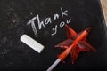 Thank you Space written on a blackboard with chalk, caramel, candy, star, wand, valentines day, sweet tooth lollipop Royalty Free Stock Photo