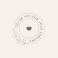 Thank you for support vintage card monochrome heart botanical branch line design template vector