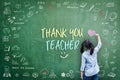 Thank You Teacher greeting for World teacher`s day concept with school student back view drawing doodle of of learning education Royalty Free Stock Photo