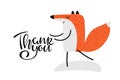 Thank You text and Cartoon fox. Cute cartoon character for Thank you day card. Good smiling fox. Handwritten caligraphy